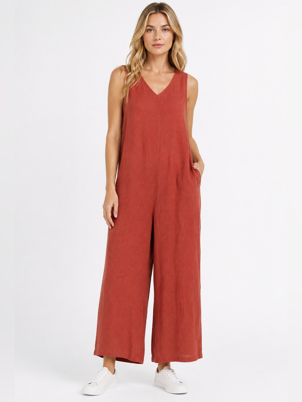 OffOn Linen Wide Leg Jumpsuit In Burnt Orange Size XXS Oversized Boho NWT